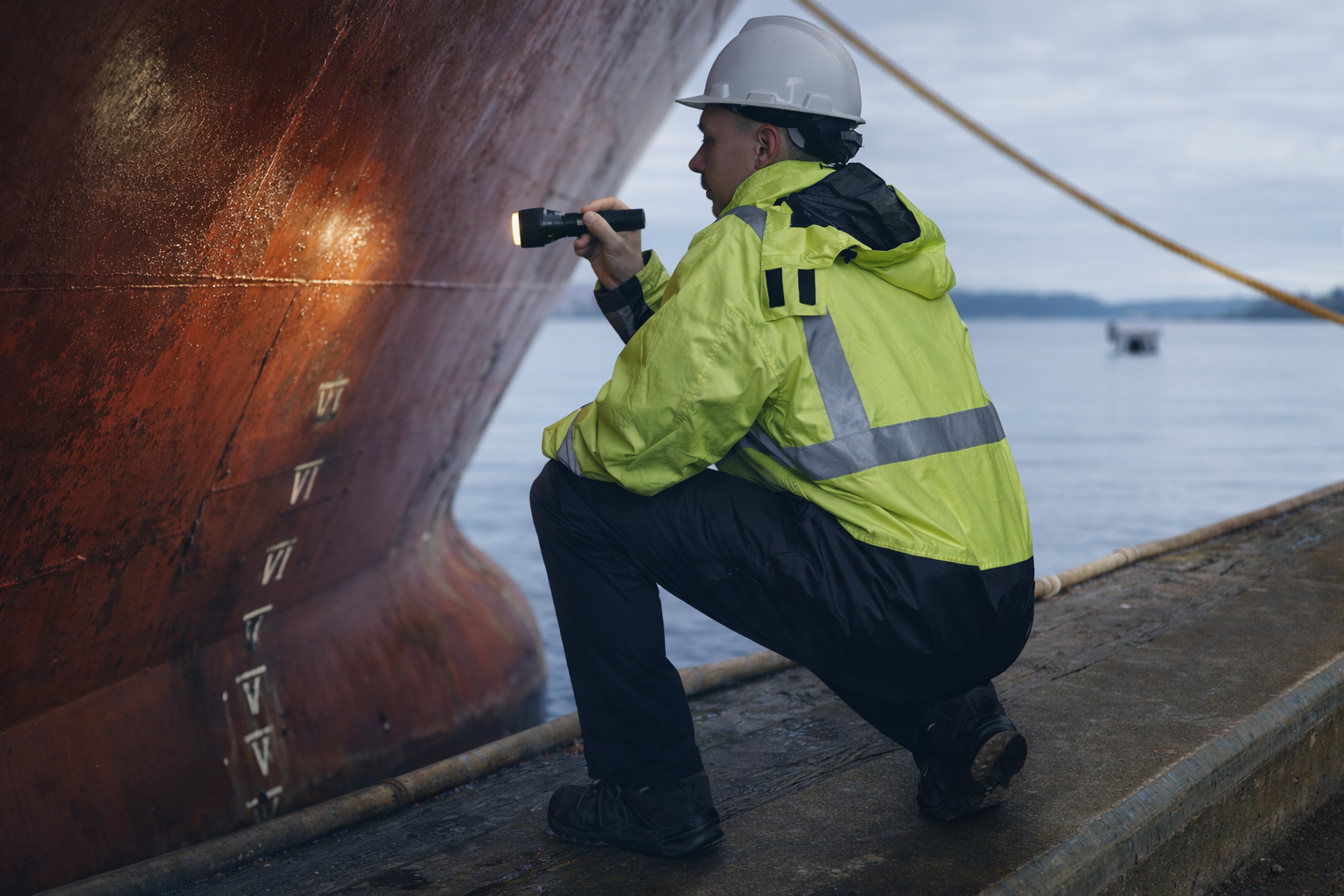Perito a inspecionar o casco de um navio